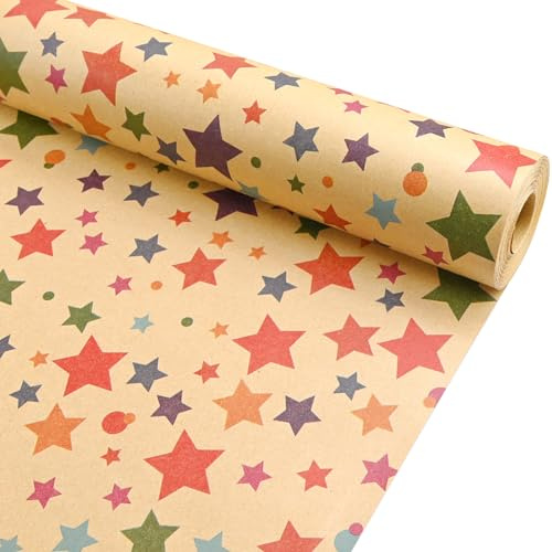 43cm*12m Star Wrapping Paper Roll, Topeedy Eco Friendly Kraft Paper Printed with Multicolour Star and Dot,Perfect for Packing Birthday Wedding Valentine's Day