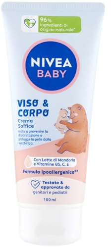 NIVEA BABY Viso & Corpo Crema Soffice 100ml, Crema corpo bambini idratante e nutriente, Crema viso neonato con Latte di Mandorla e Vitamine, Crema corpo neonato contro disidratazione e secchezza
