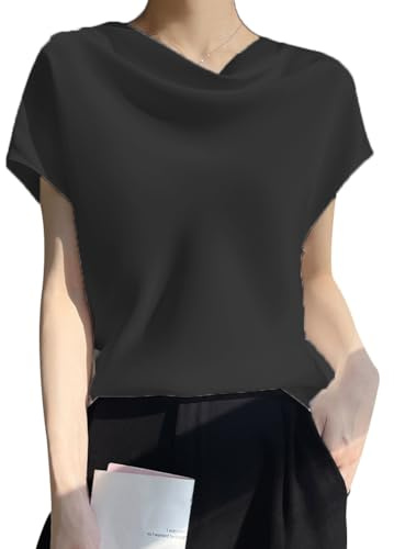 Tidecc Satin Tops Blouses for Women Short Sleeve Silk Shirts Cowl Neck Blouses Summer Casual Tops