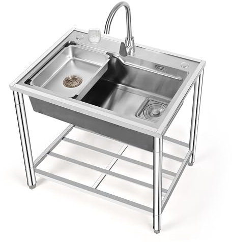 Évier utilitaire en acier inoxydable 304, sur pied, ensemble d'évier utilitaire avec filtre de robinet et étagère, évier d'extérieur avec tuyaux chauds et froids, évier à linge, station de lavage des