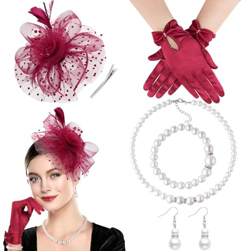 DRESHOW Cappello Fascinator da Donna Velo Maglia Cappello Tea Party Copricapo Fascinators Cappello Derby in Piuma e Guanti Set di Gioielli in Perle per Cocktail e Feste Anni '20