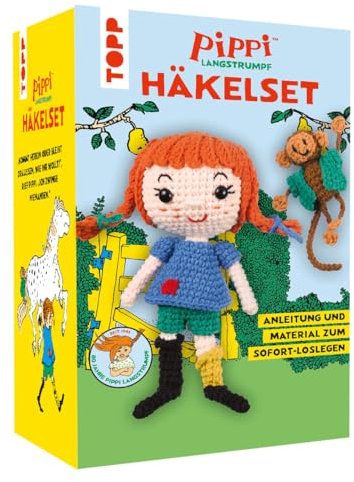 TOPP Pippi Langstrumpf - Das offizielle Häkelset zum 80. Geburtstag: Anleitung, Misch-Garn in 9 Farben, Füllwatte, Häkelnadel 3,0 mm, Sicherheitsaugen, Draht, Aufsteller, White