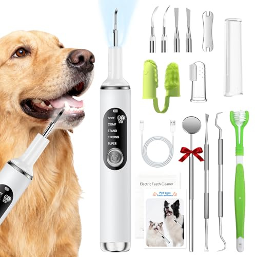 Bibykivn Zahnreiniger Ultraschall für Hund, Hundezahnreinigungsset, Zahnreiniger für Haustiere mit LED-Licht, 5 Reinigungsmodi, 4 Reinigungsköpfe (Weiß)