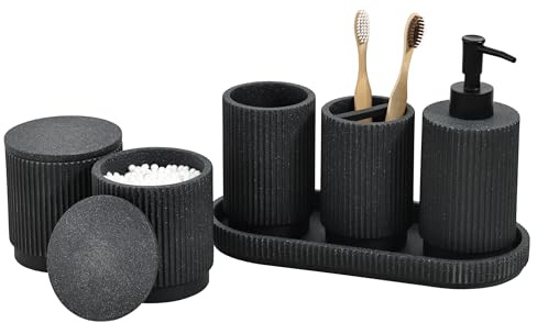 Sapisecret Ensemble Salle de Bain 6 Pièces, Polyrésine Noire Mate à Rayures