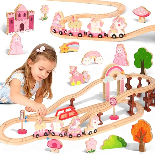 MOMOSTAR Academia Unicornios para Niñas, 74 Piezas Tren Madera Juguete con Elementos Decorativos como Castillos, Unicornios, Princesas Y Trenes Magnéticos, Regalo Juguetes Niña 3 4 5 Años