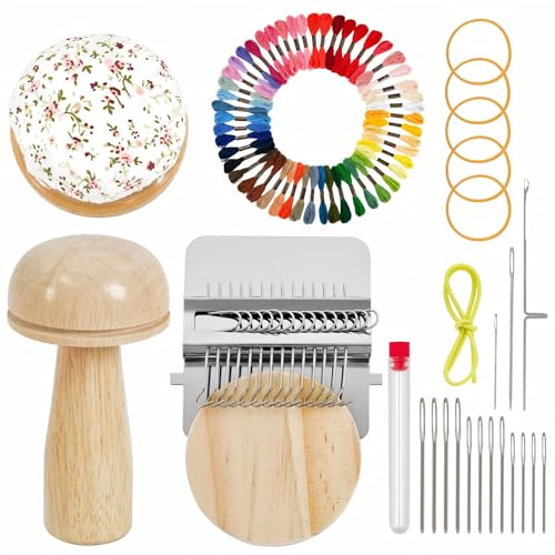 Mini Darning, Mushroom Knit 、Egg KnittingPatch Kit,DIY Weaving Repair Tool with14 Hooks Small Weaving 14 Pcs Large Eye Needles 50 Color Threads, for Beginners Mending Jeans Socks Clothes (Mushroom)