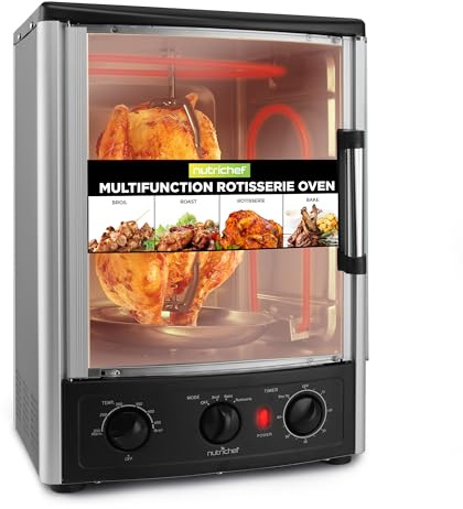 NutriChef horno de sobremesa multifunción con asador giratorio, Horno rotisserie Vertical de convección, 1500 W, 23L, Puerta de vidrio, Temporizador y control de temperatura, 34 × 31 × 48 cm