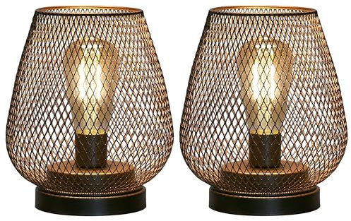 JHY DESIGN Set da 2 lanterne LED in gabbia di metallo, Lampada a batteria senza fili, Altezza 17 cm, Lampada da tavolo industriale per decorazioni, interni ed esterni, matrimoni