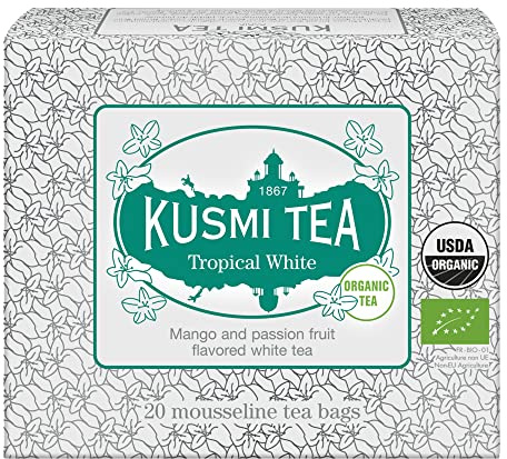 Kusmi Tea - Tropical White - Organic Blend of White Tea and Green Tea with Mango and Passion Fruit - Organic Flavored White Teas - Smooth, Flavourful Tea - 20 Tea Bags