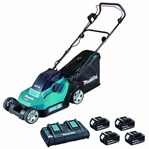 Makita DLM382PF4 - Cortacésped doble de iones de litio LXT de 18 V (36 V) de 38 cm con 4 baterías de 3,0 Ah y cargador de doble puerto