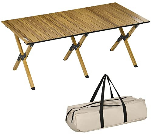 Outsunny Table de Camping Pique-Nique Jardin Pliable en Aluminium avec Sac de Transport - dim. 116L x 60l x 45H cm Bois Naturel