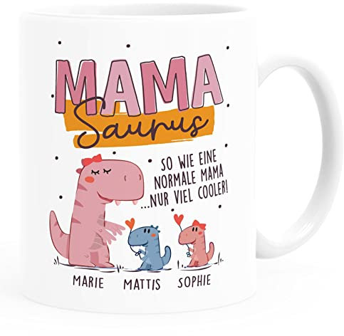 SpecialMe® Tasse Dino Mamasaurus Bonus Mama personalisiert mit Namen Geschenke von 1 2 3 4 Kindern Muttertag weiß standard