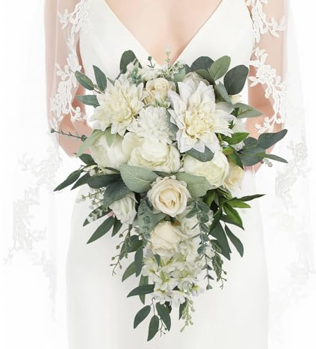 Rinlong White Green Cascade Bouquet Wedding Bouquets for Bride Cascading Wedding Bouquet Bridal Bouquet Artificial Flowers