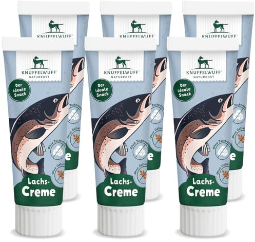Knuffelwuff Tuben Snack Lot de 6 friandises pour chien Crème de saumon – avec beaucoup de poisson frais – sans conservateur, sans ajout de sucre ni de céréales – Idéal également pour les chiots –