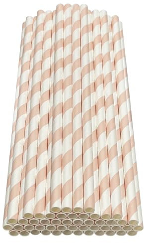 Haobase Lot de 50 pailles en papier biodégradables pour boire, cocktail, café, boissons froides, motif à rayures, blanc/rose clair
