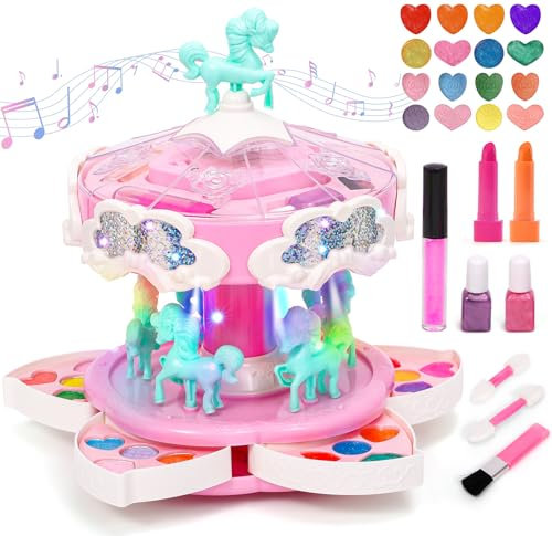 Einhorn Kinderschminke Set Mädchen Waschbar Make Up Schmink Kinder mit Einhorn-Karussell Schminkkoffer Licht & Musik Nagellack Lippenstift, Schminkset Spielzeug Geschenk für Mädchen 3 4 5 6 7 8 Jahre