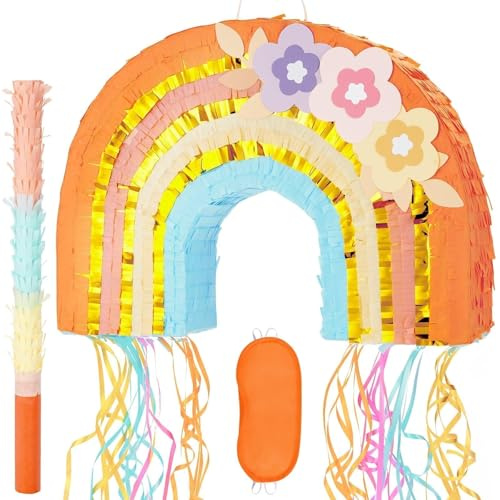 Rainbow Pinata - Rainbow Pull String Pinata with Bundle with Blindfold and Bat for Girls Kids Pinata Boho Theme Birthday Party Decoration Game for Baby Shower Carnival Summer Party Supplies