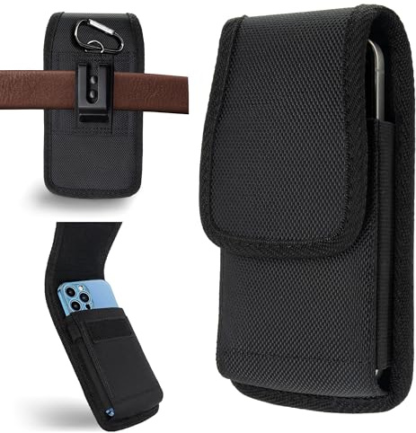 INGIDO Nylon Cell Phone Holster with Belt Clip for iPhone 16, 16 Pro, 15, 15 Pro, 14, 14 Pro, 13, 13 Pro, 12, 12 Pro, 11, 11 Pro, S25, S24, S23, ID Card Holder Pen Holder Universal Pouch, Black -M