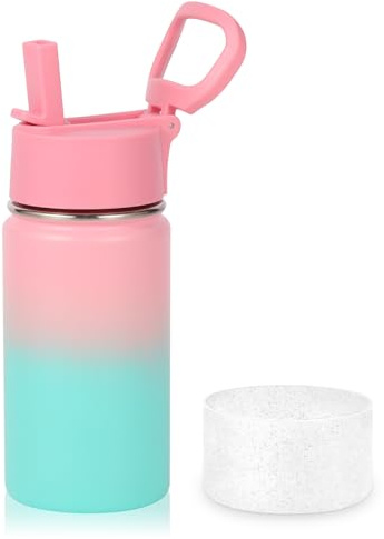 Volhoply Botellas de agua de 410 ml, 14 onzas, para niños, de acero inoxidable, aisladas, a prueba de fugas, con tapa de pajilla y de silicona, sin BPA, de fácil uso para niños y niñas, botellas de