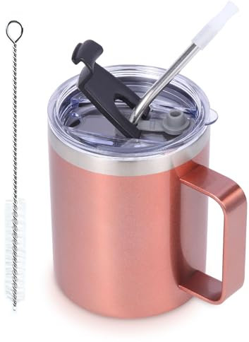Volhoply Tasse à café isotherme étanche de 355 ml avec couvercle à rabat et paille – Tasse de voyage sous vide à double paroi en acier inoxydable avec poignée – Tasse de camping réutilisable pour