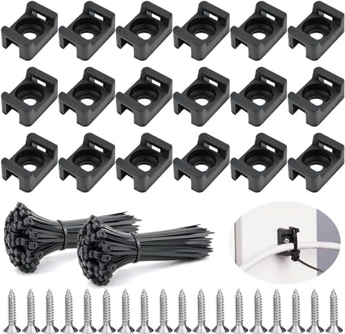 SDwfxd 200 Stk Kabelhalter, 15x10x7mm Nylon Schraubsockel, mit 200 Stk Kabelbinder, 200 Stk Schrauben, Kabelbinderhalter für Kabelmanagement Hause, Büro