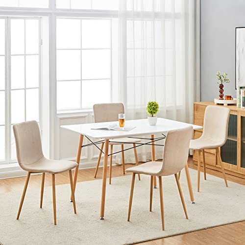 FurnitureR Dining Kitchen Chairs Scandinavian Modern Style Brushed Fabric Side Kitchen Accent Chairs for Living Dining Room Club Guest,Beige Seat Wooden Metal Leg,Set of 4