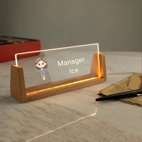 Pahdecor Tischschilder – 4 x 7 gravierte Namensschilder personalisierte Acrylschilder individueller persönlicher Avatar, Firmenlogo Premium-Namensschilder im Dunkeln leuchtend U-förmiger Holzsockel