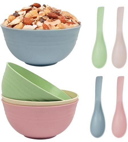 4Pcs Large Capacity Unbreakable Cereal Bowls, 700ml BPA Free Lightweight Picnic Bowl, Dishwasher & Microwave Safe Reusable Plastic Oatmeal Bowl, Camping Pasta Bowls with Spoons for Soup Noodles Fruit