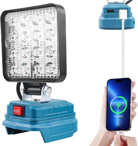 Lámpara LED de trabajo con batería para Makita 18 V, 27 W, con carga USB, foco portátil LED, foco de batería, foco de construcción, lámpara para Makita 18 V