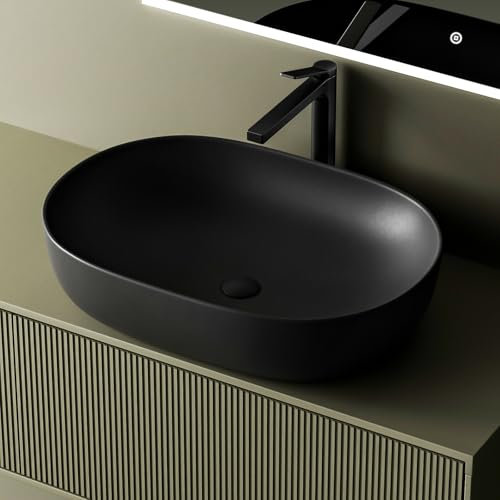 EMKE Waschbecken – Aufsatzwaschbecken Oval, 60 x 41 x 13 cm, Schwarz Matt, Kratzfest Waschbecken Bad, Leicht zu Installieren & Reinigen, Waschtisch für Bad & Gäste-WC