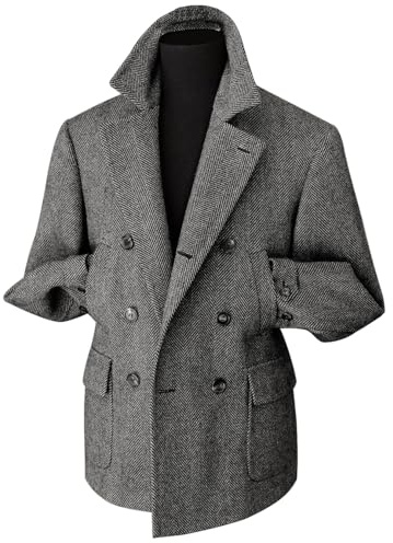 RAJEGAR Veste en tweed à carreaux pour homme - Blazer sport à double boutonnage ajusté - Veste en laine mélangée - Manteau décontracté et chaud - Style vintage britannique, gris, L
