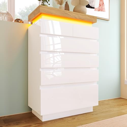 Merax High-gloss Chest of Drawers, Sideboards for Living Room with 6 Drawers, Storage Cabinet with RGB LED Light Strip (App-controlled), Multi-purpose Drawers Bedroom, 73x39x115cm, White