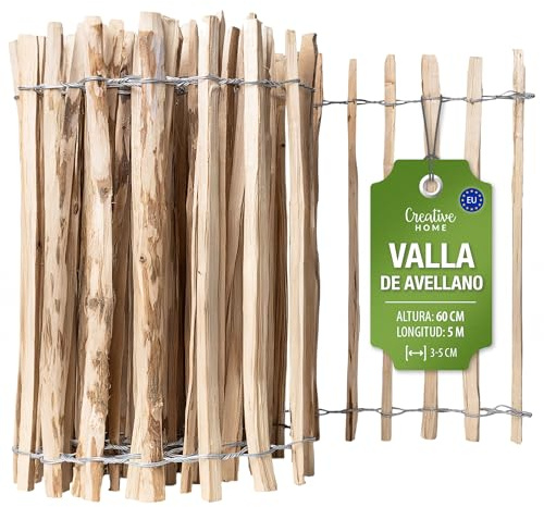 Creative Home Valla de Madera de Avellano | 60 cm de Altura y 5 m de Largo | Valla Enrollable | Espaciado entre Listones 3-5 cm | Ideal para Bordes de Flores | Cerca de Jardín de Madera de Nogal