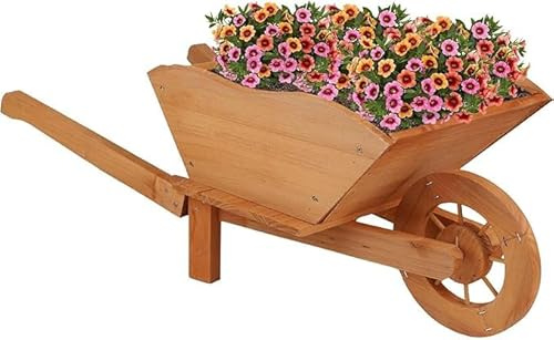 FAHAAM Wooden Garden Wheelbarrow Planter - Decorative Outdoor Flower Container with Stand (L73 x W28 x H31 cm)
