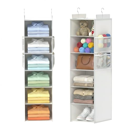ALLTIDYUP Étagère Suspendue Pliable de Rangement de Placard et Penderie, 6 Niveaux Profonds avec Poches en Maille et Crochets Métalliques – Vêtements, Chaussures et Chapeaux, Robuste (Blanc, 1 Pièce)