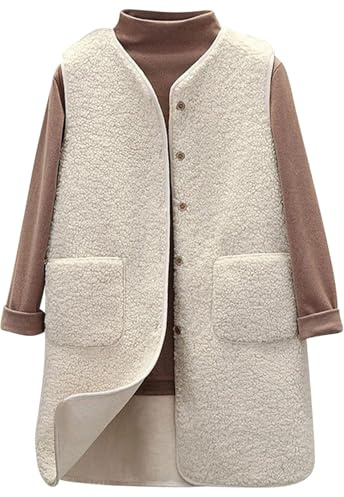 Yutdeng Gilet Donna Lungo in Morbido Pile Smanicato Elegante Invernale Cappotto Senza Maniche Gilet Termico con Bottoni Autunno Caldo Peluche Giacca Leggeri Scollo a V Giubbotto con Tasche