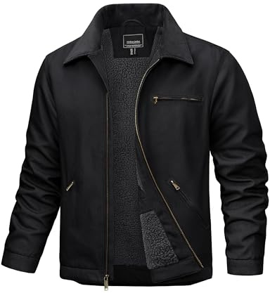 TACVASEN Work Jackets for Men Cold Weather Fleece Lined Canvas Warm Winter Coat Waterproof Black Zip Up Heavy Jacket, M