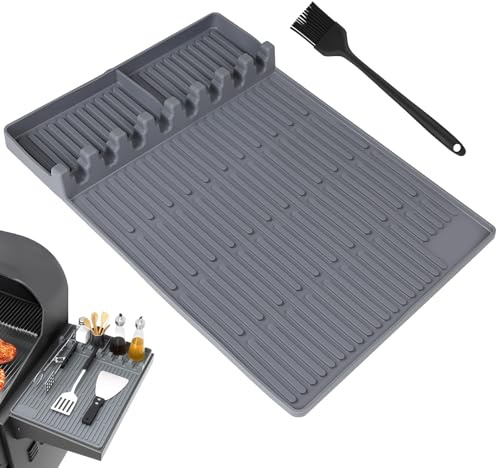DBREAKS BBQ Tappetini per Grill Barbecue e Tavoli a Lato, Include Pennello, Appenderlo, Tappetino in Silicone Griddle per barbecue, Grigio