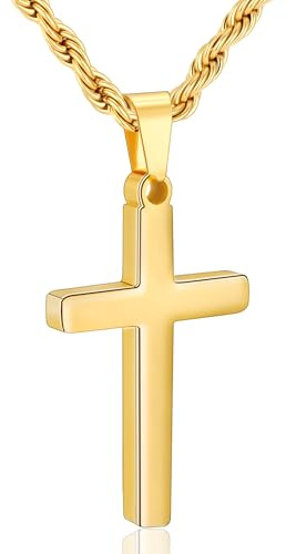 Rajputana Gold Cross Necklace Men Boys Twisted Rope Chain Cross Pendant Necklace for Men Easter Christian Baptism Jewellery Gifts 20 Inch