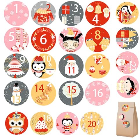 Autocollants de l'Avent de Noël – Calendrier de compte à rebours de 24 jours | Autocollants décoratifs de vacances pour enfants, emballages cadeaux, sacs de bonbons, cartes, boîtes, scrapbooking