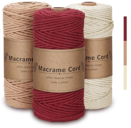 Corda Macramè 3mm Set, 3 Filo per Macramè 3mm x 100m - Filato Morbido in Cotone Naturale (Beige, Terracotta, Bordeaux) per Arazzi Boho, Appendiabiti, Fai da Te - 300 Metri Totali