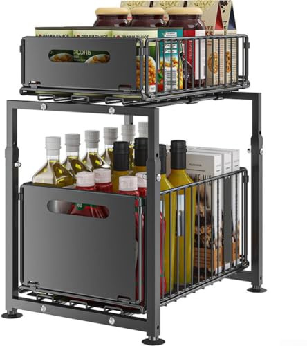 Organiseur sous évier, étagère de rangement coulissante réglable en hauteur, étagère en acier au carbone 49 x 29 cm, organiseur antidérapant pour cuisine et salle de bain (noir)