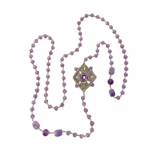 Collana artigianale fatta a mano, lavorata all'uncinetto con filato prezioso, pietre naturali, cristalli Boemia, perle in vetro e mattonella granny, senza chiusura - Idea regalo. Pezzo unico. (Viola)