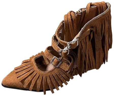 Stivaletti da donna con tacco basso con frange in camoscio a metà polpaccio, sandali con zeppa da donna ortopedici, scarpe con piattaforma antiscivolo, comode con punta chiusa, tacco piccolo, marrone