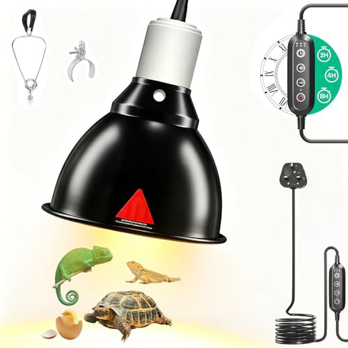 Vibe2Go Reptile Heat Lamp, Tortoise Heat Lamp with Timer, E27 Reptile Dome Light Fixture, Terrarium Hood Lamp, Dome Basking Light Ceramic Holder for Tortoise, Snake, Frog, Lizard, Chicks