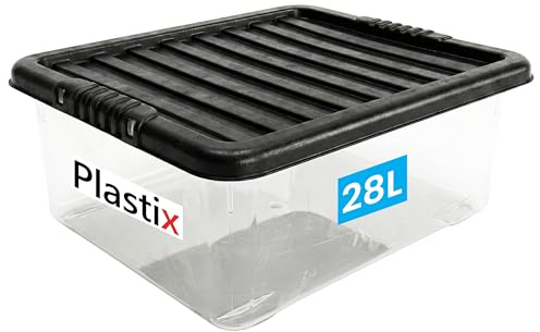 Plastix Clear Plastic Storage Box Boxes With Black Lids Home Office Stackable UK Made (1, 28L Underbed)