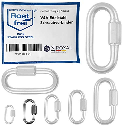 50 unidades 4-mm V4A acero inoxidable mosquetón de cadena forma corta, recta y robusta carga de rotura 600 kg conector de cadena mosquetón atornillado eslabón de emergencia