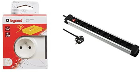 Legrand - Prise Mobile avec parafoudre pour branchement et Protection Box & Electraline 35437 Alu-Line Bloc Multiprise 10 Prises avec Corps en Aluminium, Câbles 3G1,5mm, 2M, Noir