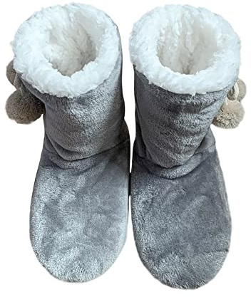 Pantoufles Hiver Chaud Femmes Hommes Chaussons Intérieur Super Doux Thermique Chaussures de Maison Bottes en Peluche avec Pompom Mules Confortable Slippers Invités Voyage Bureau Noël,Gris,39/41EU