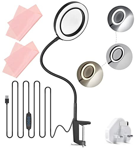 JTOOYS 5X Daylight LED Magnifying Lamp, Clamp Magnifying Glass with Light and Stand, 3 Adjustable Color Modes/10 Brightness Levels with Metal Clamp for Electronic Repair Reading Seniors Hobbies Craft